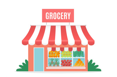 Grocery shop. Cartoon greengrocer store facade. Front view of isolated