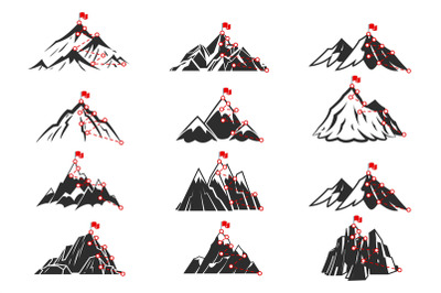 Mountain path. Sketch route to mountain peak set. Different mountains