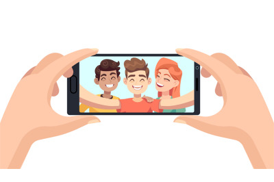 Selfie on phone. Hands hold smartphone, male and female smiling friend