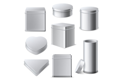 Tin boxes. Realistic 3d square&2C; cylinder and round metallic containers