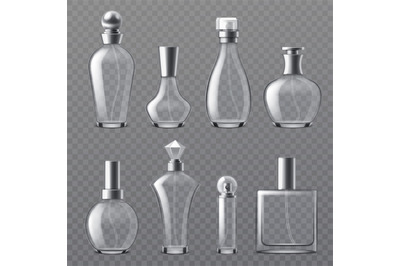 Realistic perfume bottle. Transparent empty bottles various shapes, gl