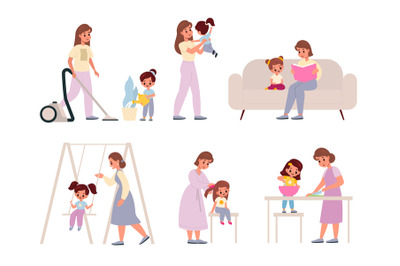 Mother and daughter. Moms with daughters, female family activities hou