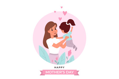 Mothers day. Happy mom with little cute daughter greeting card, spring