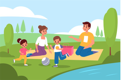 Family picnic in nature. Parents and kids walk in park, people on lake