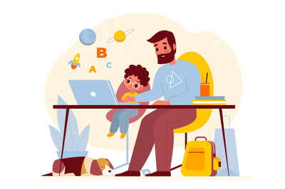 Teaching at home. Father helps son with homework, parent with child at