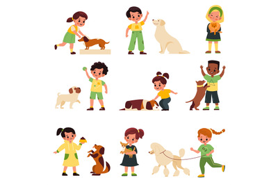 Kids with dogs. Children with different dog breeds poodle and labrador