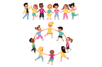 Kids holding hands. Happy multicultural cute preschool children lead r