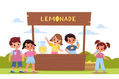 Children lemonade. Happy kids make lemon drink, little sellers behind