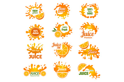 Juice logo. Orange ink drop splashes advertising promo badges for drin