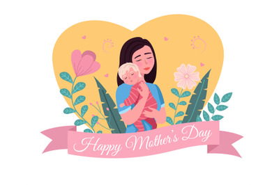 Happy mother day. Cartoon postcard. Loving mom holding child, woman hu