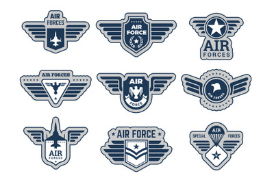 Air force labels. Vintage army badges military symbols eagle wings and