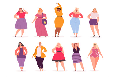 Over size woman. Adult fat people curvy in casual clothes vector perso