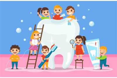 Big tooth and kids. Oral cavity hygiene, orthodontic education poster,