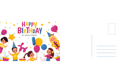 Happy birthday postcard. Holiday card with cute children and different