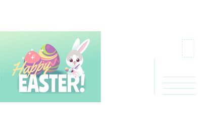 Happy easter card. Cartoon cute bunny painting holiday eggs&2C; spring gr