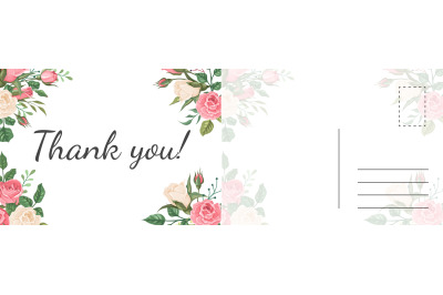 Thank you roses card. Garden pink and white rose flowers and green lea