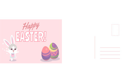 Happy easter card. Cartoon cute bunny and holiday colored eggs&2C; spring