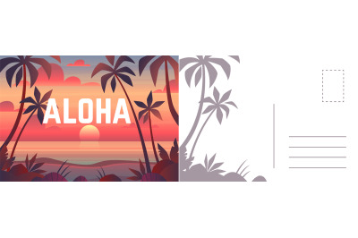 Aloha postcard. Card with summer landscape, seaside sunset and palm. T