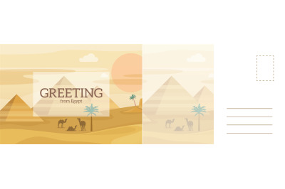 Greeting from Egypt travel card. Desert landscape with Egyptian pyrami