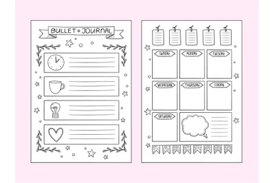 Bullet journal pages. Vector design templates of hand drawn notes and