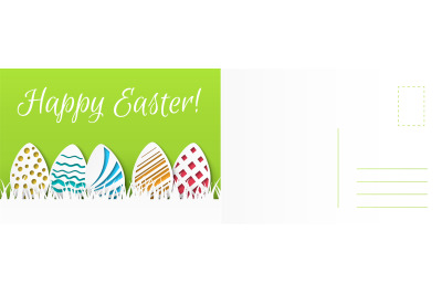 Happy easter card. Cartoon holiday colored eggs, paper cut minimal des