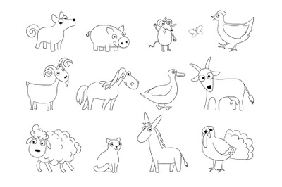 Cartoon farm animals. Domestic bool horse sheep lamb chicken pig vecto