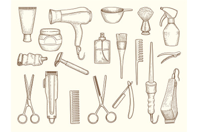 Barber shop collection. Drawing accessories for beauty haircut salon r