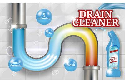 Cleaning pipes. Ads placard of bathroom piping drain plumber vector re