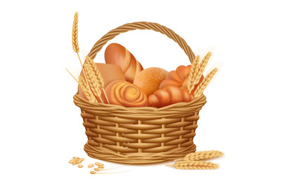 Bakery basket. Fresh sweet sliced bread kitchen lunch products in bask