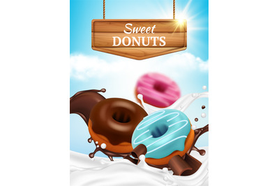 Donuts ads. Bakery tasty delicious round sweet products in chocolate s