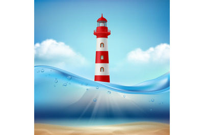 Lighthouse. Marine or ocean background water wave and light beam lamp