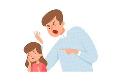 Angry father. Dad screaming daughter. Baby girl cry and scared. Bullyi