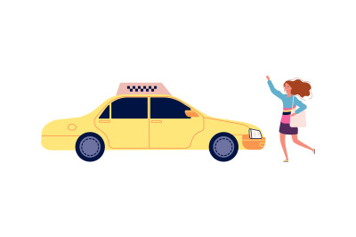 Girl catches taxi. Happy cartoon female with bag stops yellow auto. Is