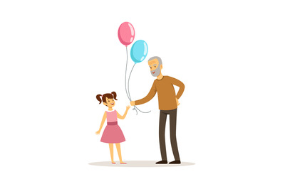 Grandfather and granddaughter. Old man gives balloons happy little gir