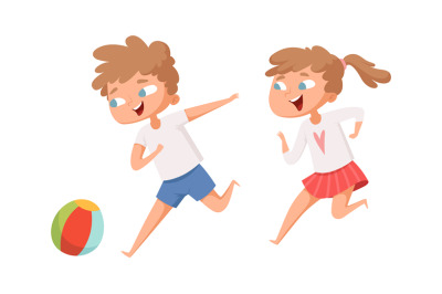 Kids play ball. Running cartoon boy and girl. Isolated happy children