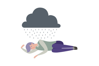 Man sleep. Depression, sad alone male under rainy cloud. Isolated flat