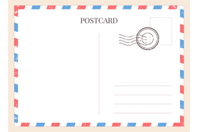 Postcard template. Paper blank postal card backside with stamp and str