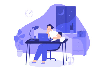 Woman work late at night. Tired female freelancer busy at computer ove