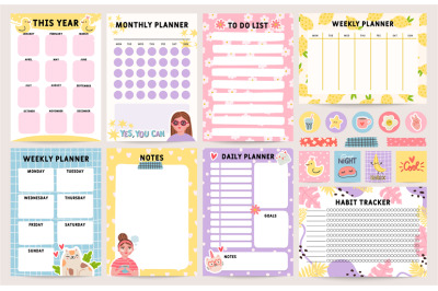 Planner notebook. Decorated daily, monthly and weekly plan template. T