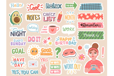 Planner stickers. Cartoon characters and motivation notes for diary, t