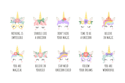 Unicorn quotes. Magic fairy horse with horn faces and motivational phr