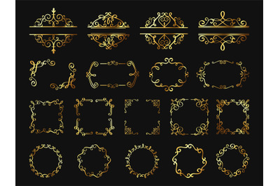 Retro golden frames. Vintage gold borders and corners, classic ornamen