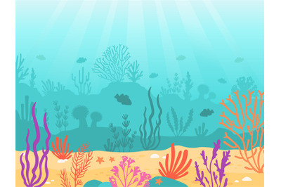 Underwater background. Cartoon seascape with coral reef, sand, seaweed