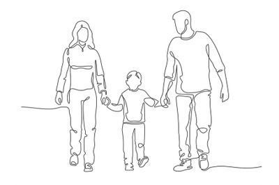 Continuous line family. Happy mother, father and child walking. Linear