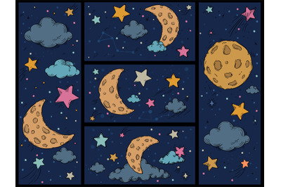 Cartoon night sky. Hand drawn print with stars&2C; moon and clouds. Child