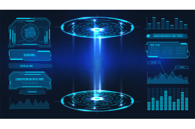 Futuristic platform. Hologram podium and digital data graphs and frame