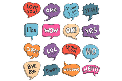 Speech bubbles. Colorful doodle comic balloons with talk phrases thank