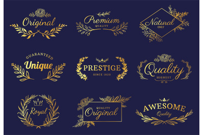 Golden ornament labels. Luxury floral badges and logo with leaf&2C; flowe