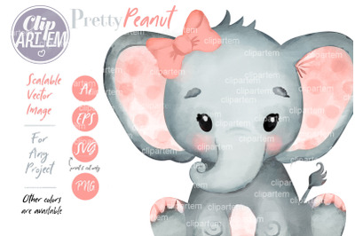 Peach Coral Elephant with Bow, vector PNG, watercolor