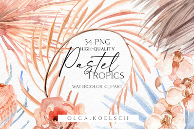 Watercolor boho tropical clipart, dusty pink roses and dried palm leaves png, Beach clipart for wedding, new baby girl